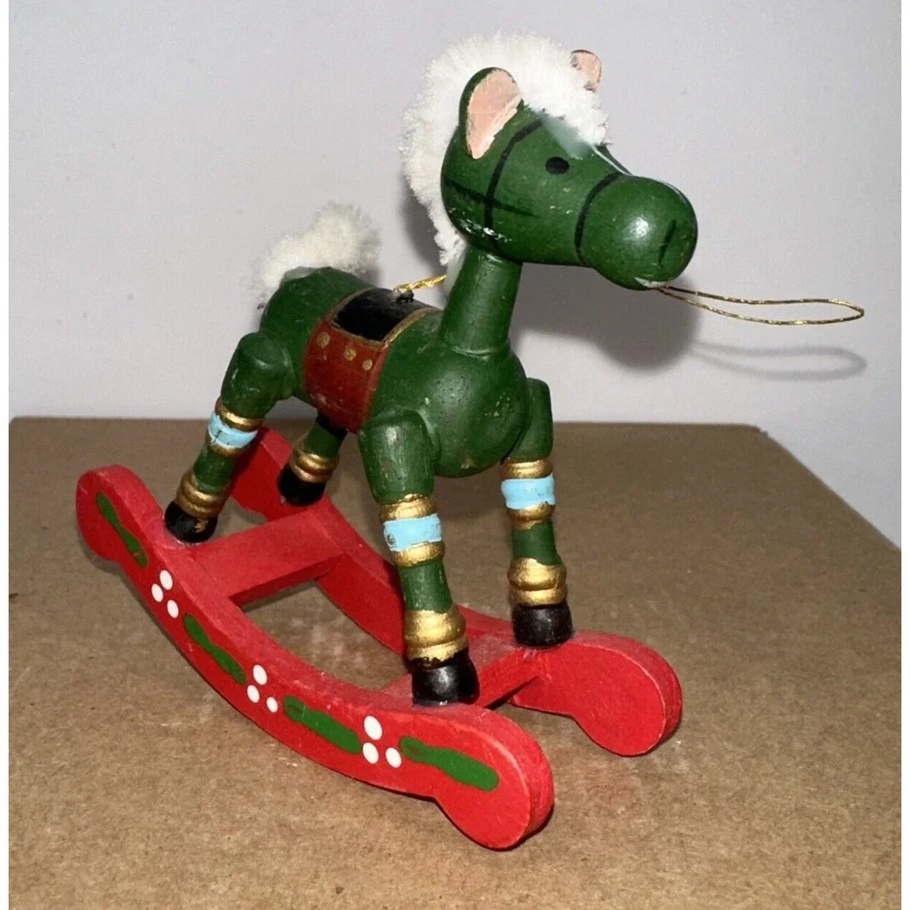 Set of 2 - Vintage 1980's Hand‎ Painted Yellow & Green Rocking Horse Ornaments